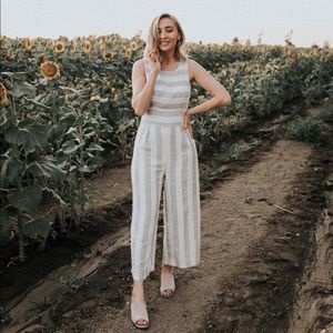 Linen white and grey striped midi jumpsuit